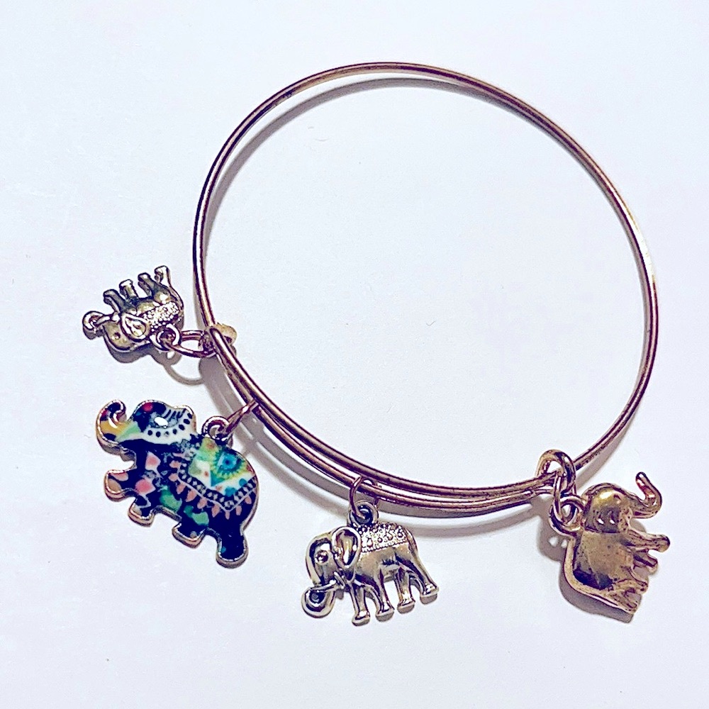 Silver, Hand Painted, Multi color Elephant Charm Bracelet Bangle